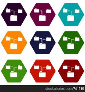 Folders structure icon set many color hexahedron isolated on white vector illustration. Folders structure icon set color hexahedron