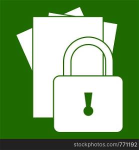 Folders with padlock icon white isolated on green background. Vector illustration. Folders with padlock icon green