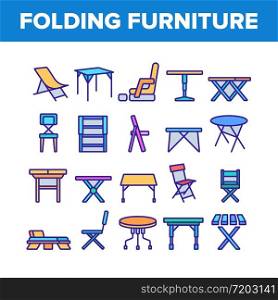 Folding Furniture Collection Icons Set Vector. Table And Chair, Lounge And Armchair Compact And Garden Relaxation Furniture Concept Linear Pictograms. Color Illustrations. Folding Furniture Collection Icons Set Vector