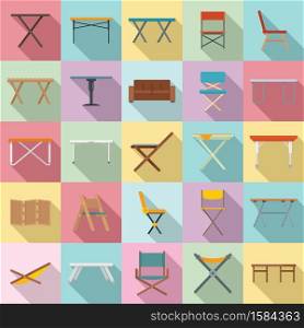 Folding furniture icons set. Flat set of folding furniture vector icons for web design. Folding furniture icons set, flat style