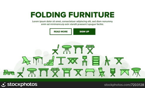 Folding Furniture Landing Web Page Header Banner Template Vector. Table And Chair, Lounge And Armchair Compact And Garden Relaxation Furniture Illustrations. Folding Furniture Landing Header Vector