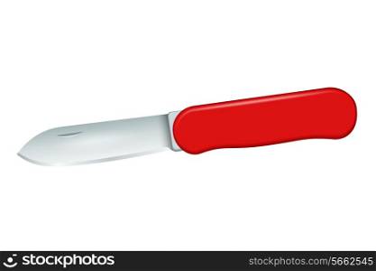 Folding knife for tourism with a red handle. Isolated on white background. Vector illustration.