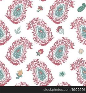 Foliage and blooming flowers, spring and summer seasonal blossom. Trendy romantic repeatable wallpaper or background with leaves. Print for textile or wrapping. Seamless pattern, vector in flat style. Floral composition with flourishing and foliage