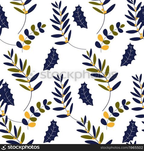 Foliage and botany, leaves and flora of autumn fall season. Seasonal decorative botanic plants, twigs and branches with dry leafage. Seamless pattern, background or print, vector in flat style. Leaves and branches, autumn season foliage pattern