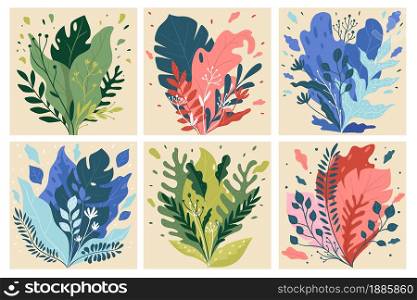 Foliage and flora design, decorative leaves and blooming flowers. Ornaments of twigs and branches, herbs and herbarium. Evergreen flowering and floral leafage. Houseplant vector in flat style. Flora and foliage, vibrant leafage and leaves vector