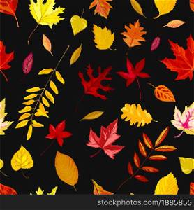 Foliage and leafage seamless pattern isolated on black. Deciduous print with autumn leaves falling from trees, branches or twigs defoliation. Park or forest scenery, vector in flat style illustration. Autumn leaves falling from trees, foliage and leafage
