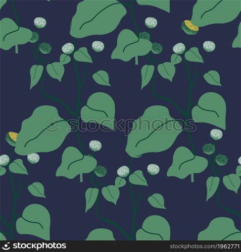 Foliage and leaves of botany and tropical plants. Summer or spring design, ornament or motif with flowers and plants. Seamless pattern or background, print or repeatable wallpaper. Vector in flat. Botany foliage with large leaves, seamless pattern