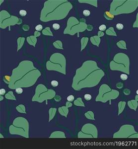 Foliage and leaves of botany and tropical plants. Summer or spring design, ornament or motif with flowers and plants. Seamless pattern or background, print or repeatable wallpaper. Vector in flat. Botany foliage with large leaves, seamless pattern
