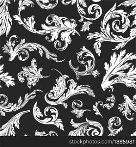 Foliage and vintage leaves seamless pattern of monochrome sketches outline on black. Background or print with flora, fabric or texture. Houseplants and details of flowering vector in flat style. Vintage floral decoration, retro foliage seamless pattern background