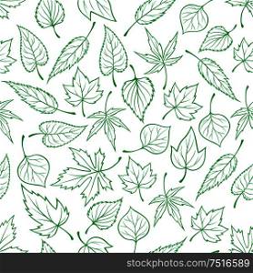 Foliage background with outline seamless pattern of green tree leaves. For nature and ecology theme or fabric print design . Emerald green leaves seamless pattern