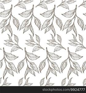 Foliage of flower seamless pattern. Floristic leaves, herbarium of leafage, botany type. Floristic composition seasonal plants. Assortment of flora monochrome sketch outline, vector in flat style. Flower leaves, foliage of flora monochrome seamless pattern
