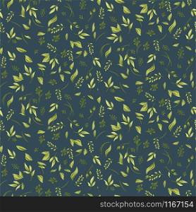 Foliage seamless pattern with plants and leaves. Vector illustration green and blue dark background.. Foliage seamless pattern with plants and leaves. Vector green and blue dark background.