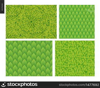 Foliage seamless patterns set. Green leaf seamless vector catroon hand drawn patterns. Foliage seamless patterns set