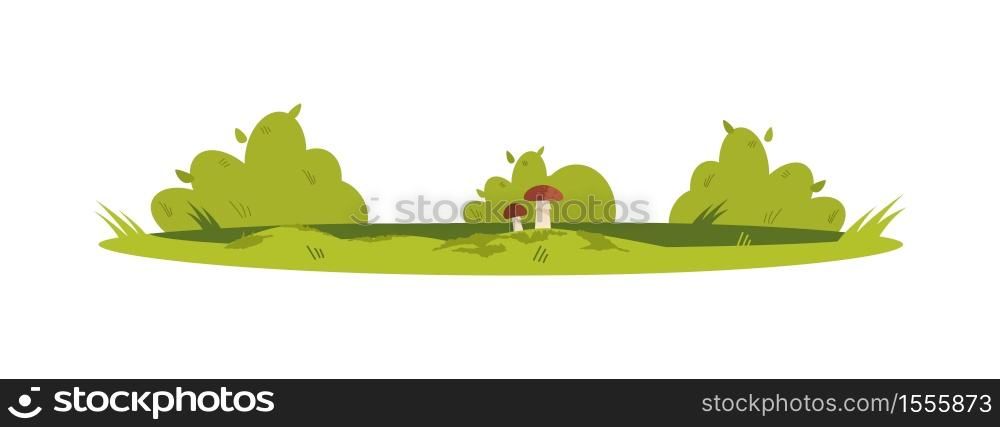 Foliage semi flat RGB color vector illustration. Rural countryside ground with bushes and grass. Shrubs on rural land. Growing mushrooms isolated cartoon object on white background. Foliage semi flat RGB color vector illustration
