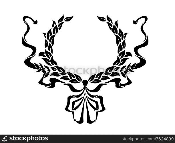 Foliate circular wreath with ornate swirling ribbons on either side in a symmetrical pattern for heraldry design. Foliate circular wreath with ornate ribbons