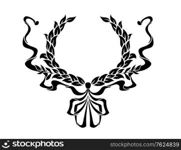 Foliate circular wreath with ornate swirling ribbons on either side in a symmetrical pattern for heraldry design. Foliate circular wreath with ornate ribbons