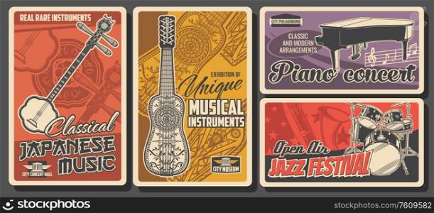 Folk and jazz live music fest, classical piano concert, vector retro vintage posters. Folk musical instruments exhibition museum of Japanese and national Asian music instruments shamisen or pipa. Vintage posters, jazz and folk music instruments