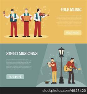 Folk And Street Musicians Horizontal Banners. People playing musical instruments two horizontal banners with street musicians and folklore performers flat vector illustration