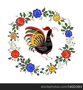 Folk background.Colorful flowers and leaves with cock on white background. Cock - a symbol of 2017. Vector illustration.. Folk background.Colorful flowers and leaves with cock on white b