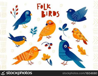 Folk birds. Doodle minimalist flying animals and leaves or berries. Cartoon poster with lettering, ethnic repeated ornaments on edges of picture. Forest citizens in Nordic style, vector illustration. Folk birds. Doodle minimalist animals and leaves or berries. Poster with lettering, ethnic repeated ornaments on edges of picture. Forest citizens in Nordic style, vector illustration