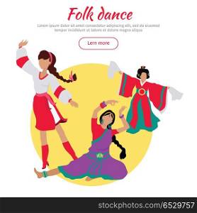Folk dance concept web banner. Flat vector. Three women in ukrainian, indian, chinese national clothes dancing. Traditional choreography. For dancing school, party, event, festival web page design. Folk Dance Conceptual Flat Style Vector Web Banner. Folk Dance Conceptual Flat Style Vector Web Banner