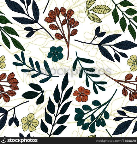 Folk floral endless wallpaper. Leaves and little flowers seamless pattern on white background. Design for printing, textile, fabric, fashion, interior, wrapping paper. Botanical vector illustration. Folk floral endless wallpaper. Leaves and little flowers seamless pattern