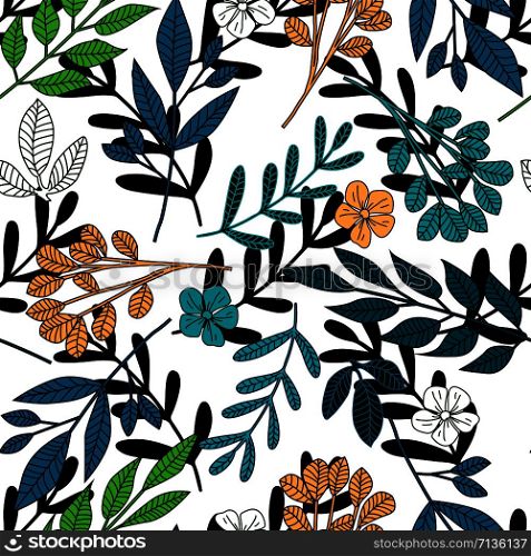 Folk floral endless wallpaper. Modern leaves and little flowers seamless pattern on white background. Botanical background. Trendy fabric design, wrapping paper. Vector illustration. Folk floral endless wallpaper. Modern leaves and little flowers seamless pattern