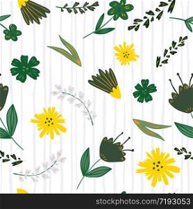 Folk floral seamless pattern on stripes background. Cute little flowers wallpaper in vintage style. Design for book covers, graphic art, wrapping paper, fabric, textile. Vector illustration. Folk floral seamless pattern on stripes background. Cute little flowers wallpaper in vintage style.