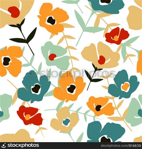 Folk floral seamless pattern on white background. Modern abstract little flowers and leaves endless wallpaper. Botanical background. Trendy fabric design, wrapping paper. Vector illustration. Folk floral seamless pattern on white background. Modern abstract little flowers and leaves