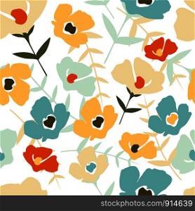 Folk floral seamless pattern on white background. Modern abstract little flowers and leaves endless wallpaper. Botanical background. Trendy fabric design, wrapping paper. Vector illustration. Folk floral seamless pattern on white background. Modern abstract little flowers and leaves