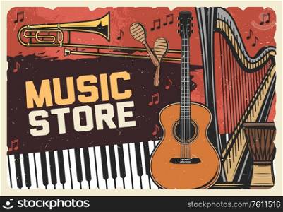 Folk music instruments store, vector vintage retro poster with guitar, piano and musical notes stave. Classical, jazz and folk music instruments shop, acoustic band maracas, trumpet and orchestra harp. Folk music instruments store, retro poster