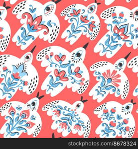 Folk pattern birds for print design. Traditional Scandinavian and Slavic ornament. Vector ethnic background in boho style for textile, fabrics and any surface design. 