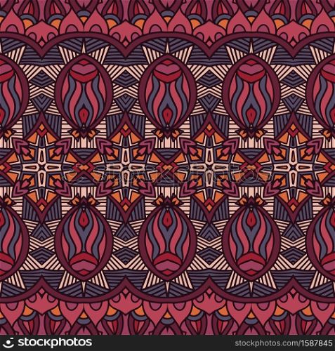 Folk style doodle decorated background. Abstract geometric vector tracery boho ethnic seamless pattern ornamental. Natural colors palette.