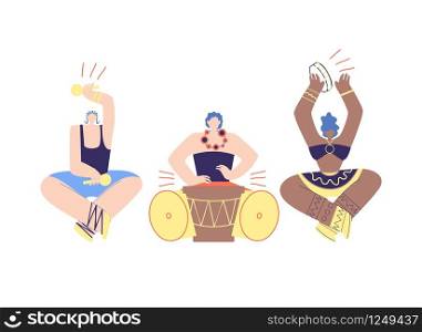 Folk Tribal Musician Band Flat Vector Illustration. Cartoon Woman Characters Playing Castanets, Tambourine, Drum. Multicultural Player in Beads Ethnic Clothes Percussion Musical Instrument. African Folk Tribal Musician Band Flat Cartoon