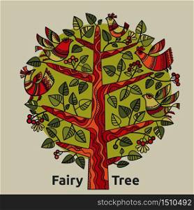 Folk vibes decorative fairytale tree with birds. Spring season celebrating life rustic composition. vector hand drawn illustration.