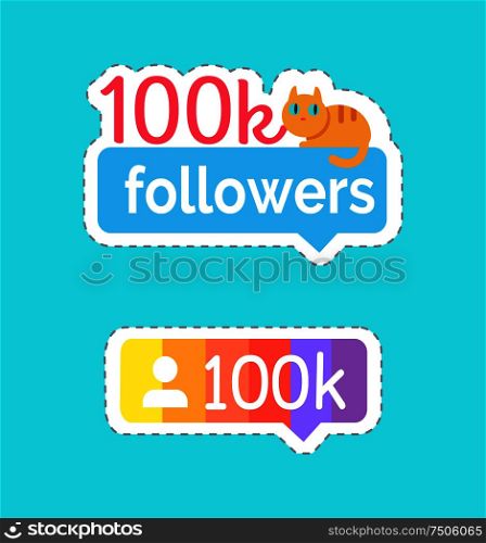 Follow and followers kitty on banner vector. Social network buttons and phrases, number of people using blogs and internet sites of particular human. Follow and Followers Kitty on Banner Set Vector
