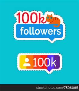 Follow and followers kitty on banner vector. Social network buttons and phrases, number of people using blogs and internet sites of particular human. Follow and Followers Kitty on Banner Set Vector