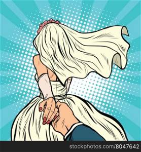 Follow me, bride engagement, pop art retro vector illustration. Girl in wedding dress