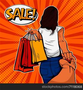 Follow me concept. Young woman leads a man on a shopping. Discounts and sales. Pop art retro vector illustration in comic style