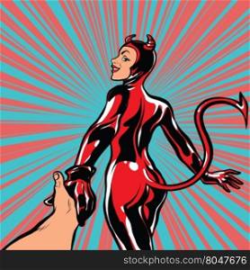 follow me, girl devil demon temptation, pop art retro comic book vector illustration