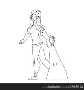 Follow Me Girlfriend Talking Boyfriend Black Line Pencil Drawing Vector. Young Girl Tourist Holding Boy Hand And Leading To Magnificent Famous Place. Characters Couple Relationship And Partnership. Follow Me Girlfriend Talking Boyfriend Vector