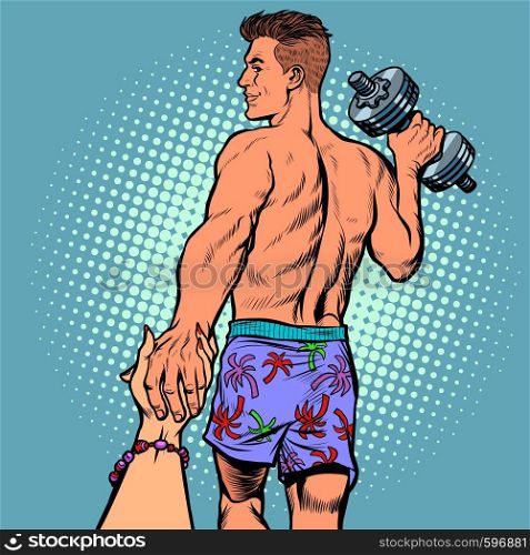 follow me man with dumbbells. sports and fitness. Pop art retro vector illustration vintage kitsch. follow me man with dumbbells. sports and fitness