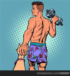 follow me man with dumbbells. sports and fitness. Pop art retro vector illustration vintage kitsch. follow me man with dumbbells. sports and fitness