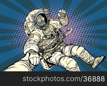 Follow me robot astronaut gesture okay, pop art retro vector illustration. Science fiction and robotics, space and science
