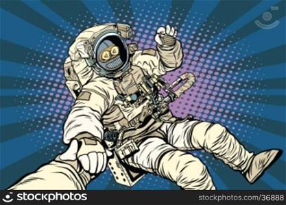 Follow me robot astronaut gesture okay, pop art retro vector illustration. Science fiction and robotics, space and science