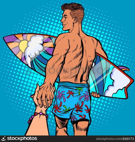 follow me surfer instructor with the Board. Pop art retro vector illustration kitsch vintage. follow me surfer instructor with the Board