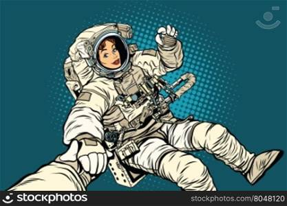 follow me, woman astronaut, pop art retro vector illustration. Open space, the man in the suit