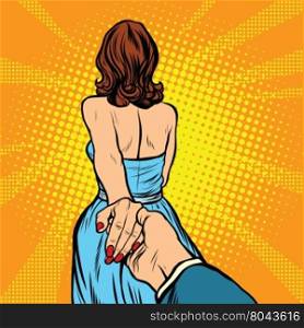 follow me, woman leads man by the hand pop art retro vector