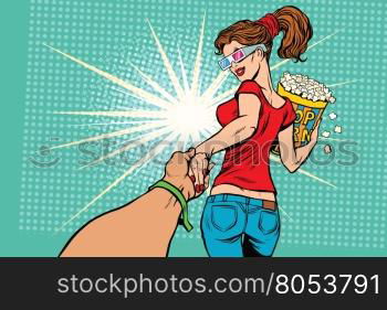 follow me, woman movie popcorn, pop art retro vector illustration. Entertainment in the cinema