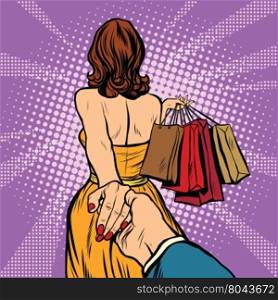 Follow me, young woman leads a man on a shopping. pop art retro vector. Discounts and sales